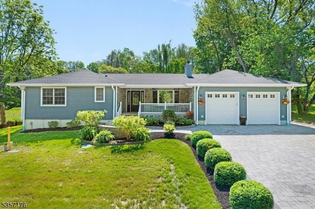 55 Mooney Rd, Roxbury Twp, NJ 07852 - ranch-style home featuring an attached garage, a front lawn, decorative driveway, and a porch