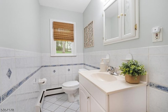 642 Succasunna Rd, Mount Arlington Boro, NJ 07850 - bathroom with tile walls, toilet, vanity, tile patterned floors, and a wainscoted wall