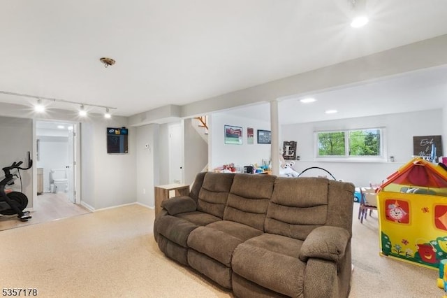 642 Succasunna Rd, Mount Arlington Boro, NJ 07850 - living area with light carpet, rail lighting, and stairway