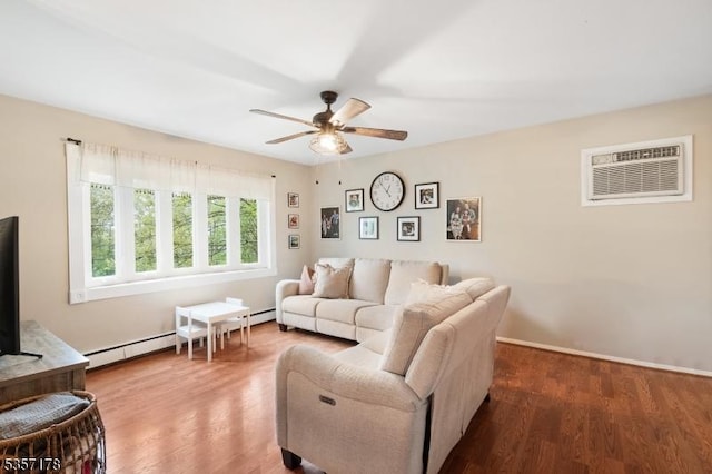 642 Succasunna Rd, Mount Arlington Boro, NJ 07850 - living room with ceiling fan, wood finished floors, a wall mounted AC, and baseboards