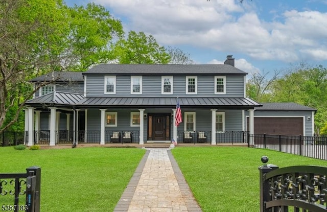 276 River Dr, River Vale Twp, NJ 07675 - view of front facade featuring a porch, a standing seam roof, a chimney, metal roof, and a garage