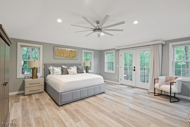 276 River Dr, River Vale Twp, NJ 07675 - bedroom with access to exterior, baseboards, light wood-style floors, french doors, and recessed lighting