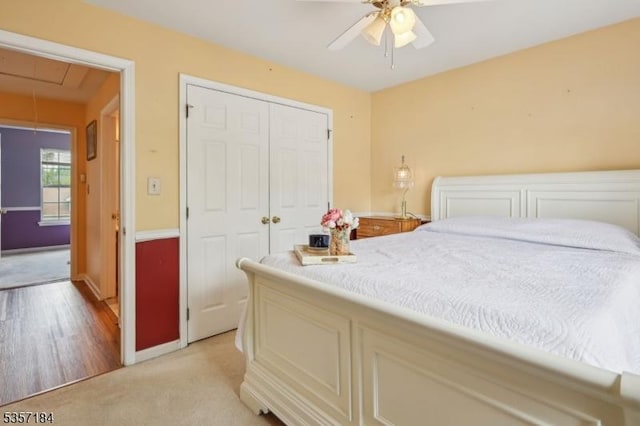 47 Nostrand Rd, Hillsborough Twp, NJ 08844 - bedroom featuring attic access, a closet, light colored carpet, and ceiling fan