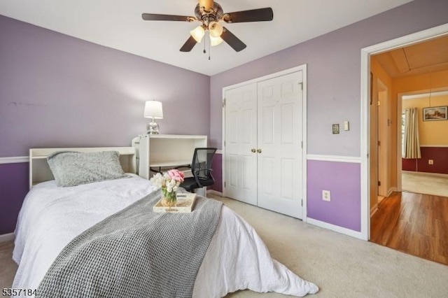 47 Nostrand Rd, Hillsborough Twp, NJ 08844 - carpeted bedroom featuring attic access, a closet, baseboards, and a ceiling fan