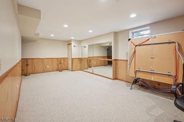 47 Nostrand Rd, Hillsborough Twp, NJ 08844 - basement featuring wainscoting, carpet, recessed lighting, and wooden walls