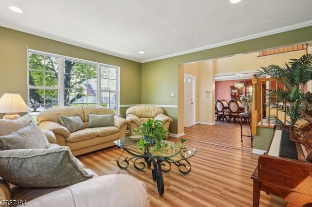 47 Nostrand Rd, Hillsborough Twp, NJ 08844 - living room featuring light wood-style floors, ornamental molding, recessed lighting, and baseboards