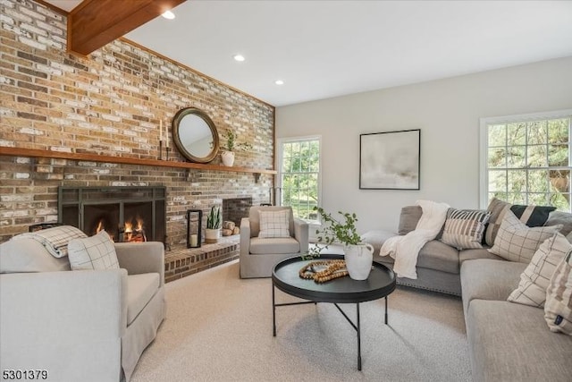 156 Fox Chase Rd, Chester Twp, NJ 07930 - carpeted living area featuring a brick fireplace, recessed lighting, and brick wall