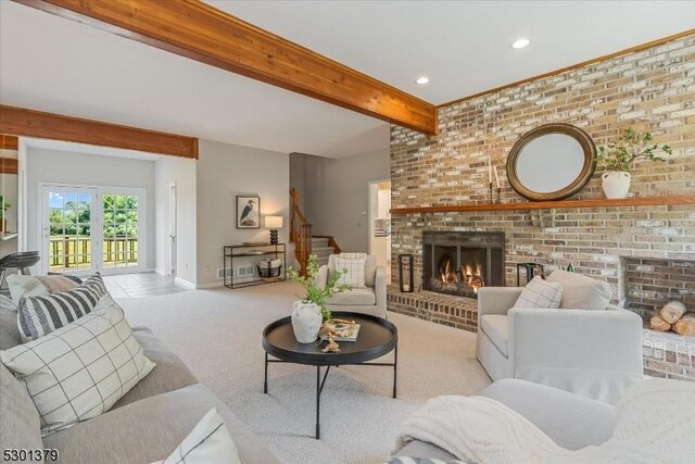 156 Fox Chase Rd, Chester Twp, NJ 07930 - living area featuring a fireplace, carpet flooring, beamed ceiling, recessed lighting, and stairway