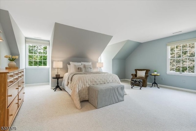 156 Fox Chase Rd, Chester Twp, NJ 07930 - bedroom featuring light colored carpet, multiple windows, baseboards, and lofted ceiling