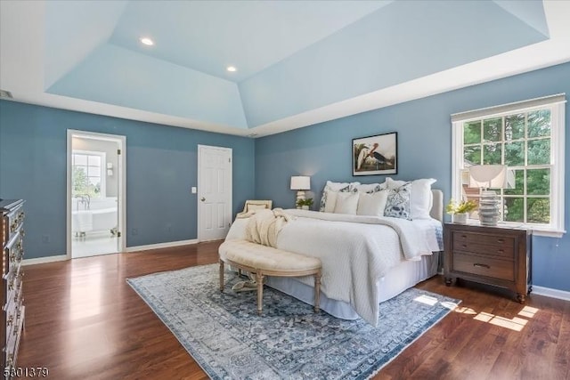 156 Fox Chase Rd, Chester Twp, NJ 07930 - bedroom featuring a raised ceiling, multiple windows, baseboards, dark wood-type flooring, and recessed lighting