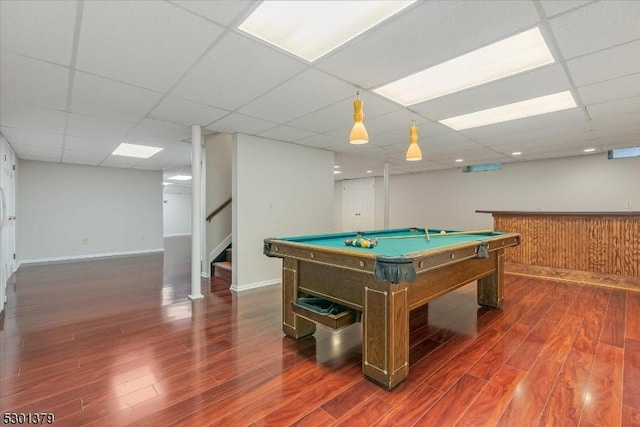 156 Fox Chase Rd, Chester Twp, NJ 07930 - recreation room with wood finished floors, billiards table, a dry bar, a drop ceiling, and baseboards