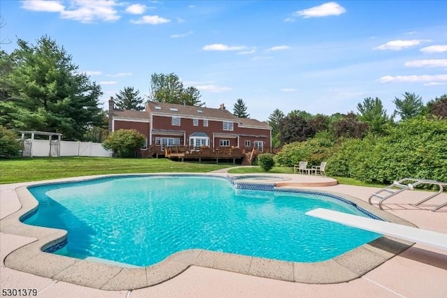 156 Fox Chase Rd, Chester Twp, NJ 07930 - view of swimming pool featuring a wooden deck, an in-ground hot tub, a diving board, and a patio