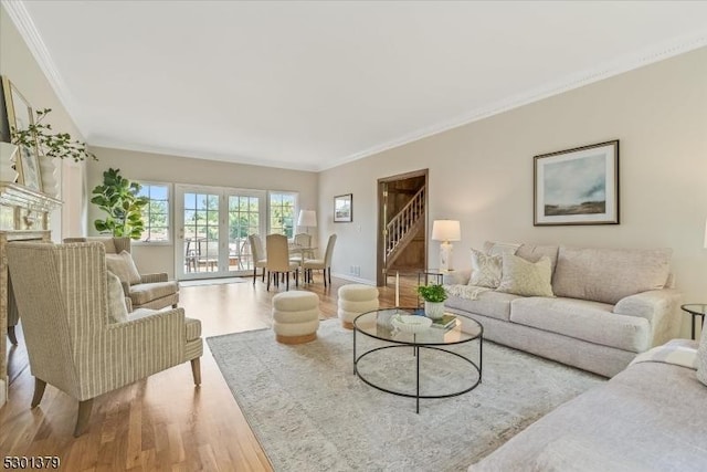 156 Fox Chase Rd, Chester Twp, NJ 07930 - living area with wood finished floors, crown molding, stairway, and baseboards