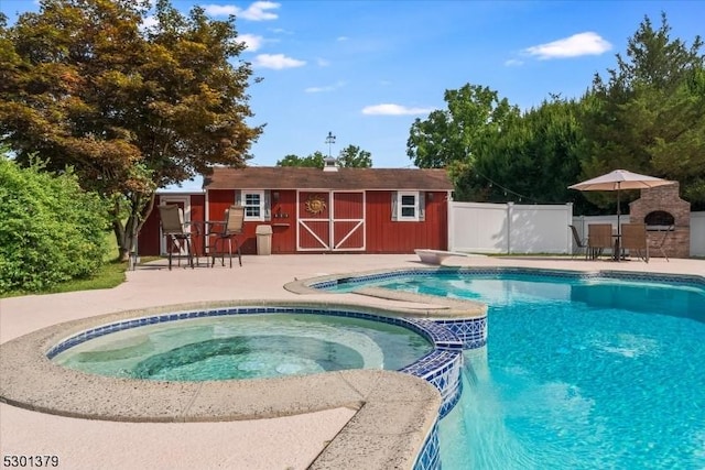 156 Fox Chase Rd, Chester Twp, NJ 07930 - view of swimming pool with an outbuilding, fence, a patio area, and a pool with connected hot tub