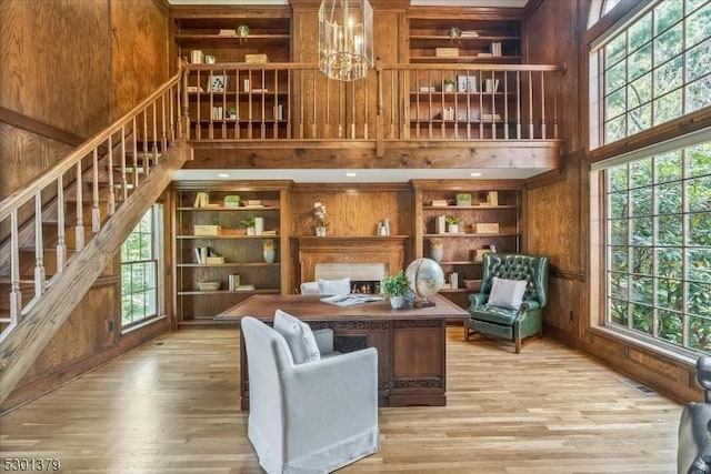 156 Fox Chase Rd, Chester Twp, NJ 07930 - office area with a high ceiling, wood finished floors, and wood walls