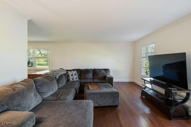 living room featuring dark wood-style flooring, ornamental molding, and baseboards