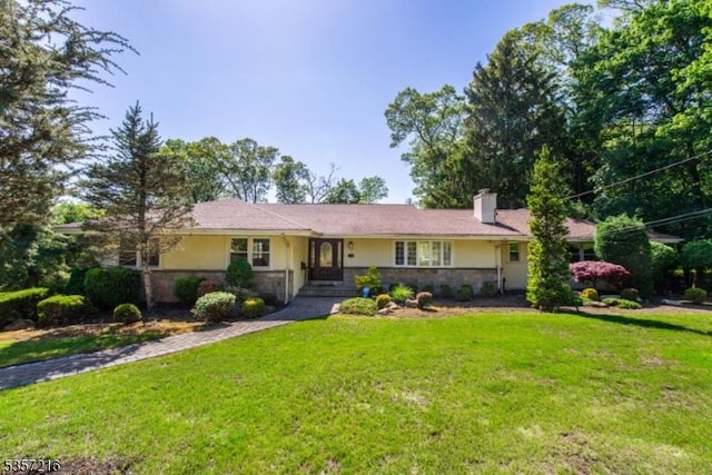 83 Maple Ave, Wayne Twp, NJ 07470 - ranch-style home with a front lawn, stone siding, a chimney, and stucco siding