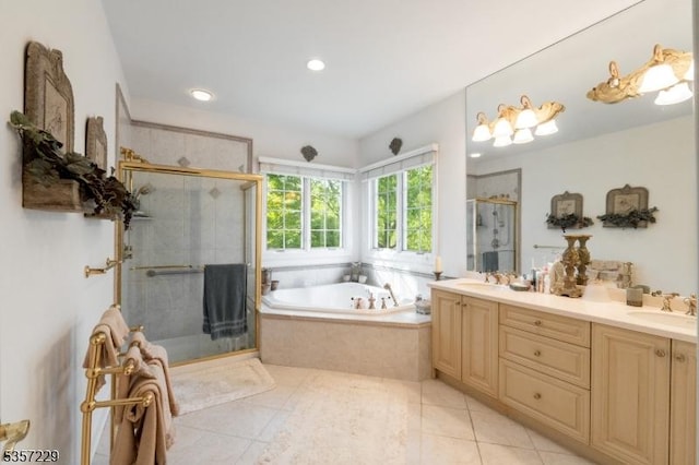 full bath featuring a bath, a shower stall, tile patterned floors, double vanity, and recessed lighting