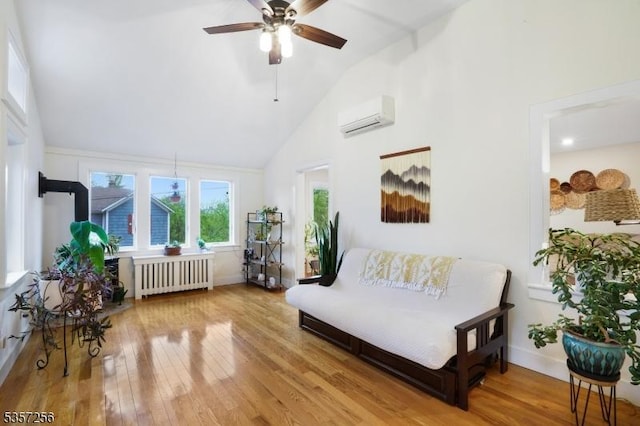 955 Stillwater Rd, Stillwater Twp, NJ 07860 - bedroom featuring radiator heating unit, a wall mounted AC, high vaulted ceiling, wood finished floors, and baseboards