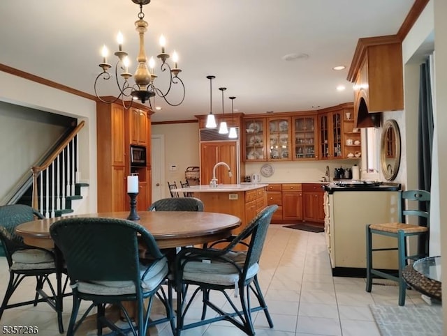 533 Horizon Way, Branchburg Twp, NJ 08853 - dining room with ornamental molding, a chandelier, recessed lighting, stairway, and wet bar