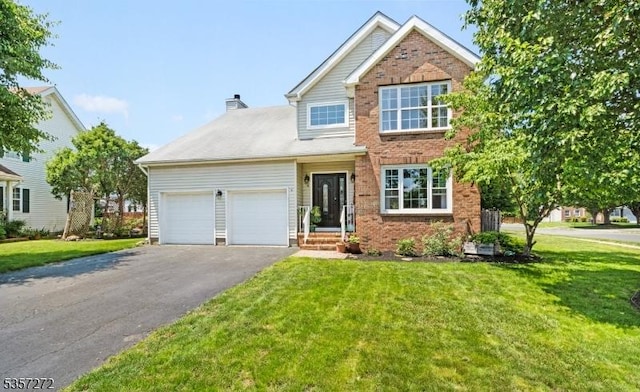 4 Cickener Rd, Hillsborough Twp, NJ 08844 - traditional-style home featuring driveway, a garage, a front lawn, a chimney, and brick siding