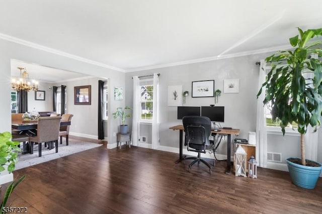 4 Cickener Rd, Hillsborough Twp, NJ 08844 - office with a chandelier, wood finished floors, and crown molding