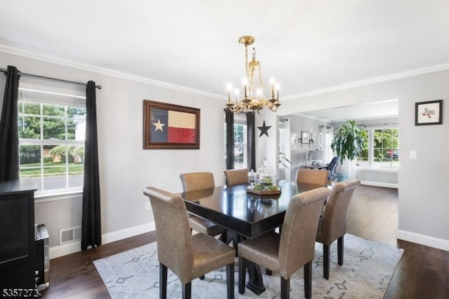 4 Cickener Rd, Hillsborough Twp, NJ 08844 - dining area with a chandelier, healthy amount of natural light, ornamental molding, and dark wood-style flooring