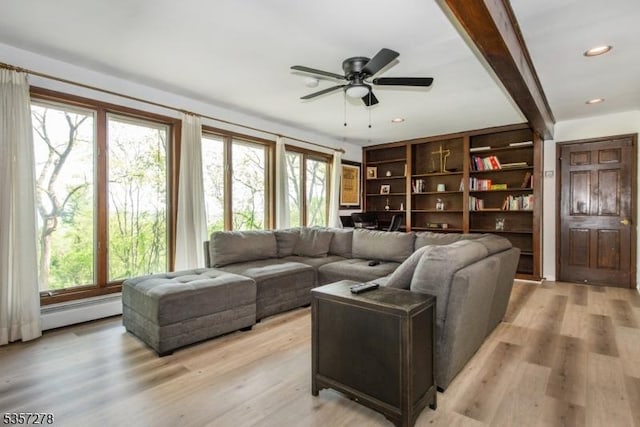 8 Reger Rd, Chester Twp, NJ 07836 - living room featuring ceiling fan, light wood-style floors, baseboard heating, and recessed lighting
