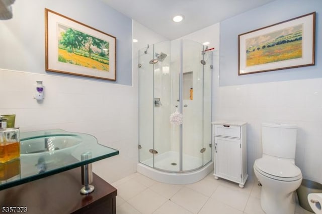 8 Reger Rd, Chester Twp, NJ 07836 - bathroom featuring tile walls, a stall shower, tile patterned flooring, toilet, and vanity