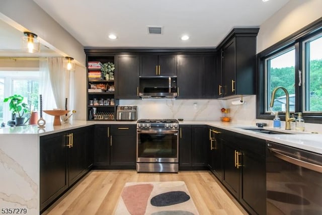 kitchen with appliances with stainless steel finishes, a sink, dark cabinetry, light wood-style flooring, and recessed lighting