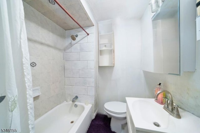 bathroom featuring shower / bathtub combination with curtain, toilet, and vanity