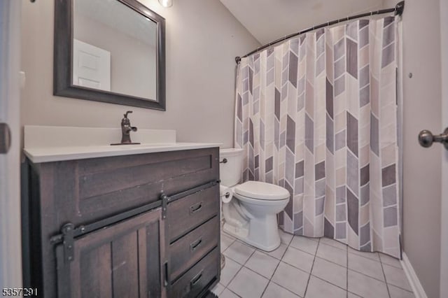 full bath featuring tile patterned flooring, vanity, toilet, and curtained shower