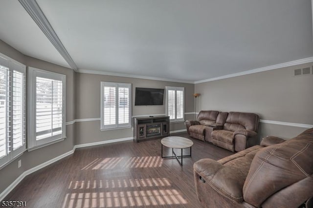 living area with baseboards, wood finished floors, crown molding, and a fireplace