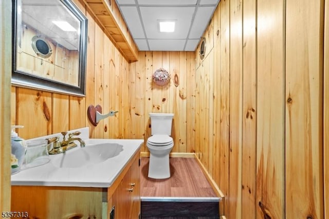 1602 Harbourton Rocktown Rd, Hopewell Twp, NJ 08530 - bathroom featuring vanity, toilet, wood finished floors, a paneled ceiling, and wood walls
