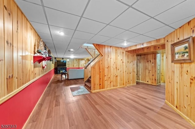 1602 Harbourton Rocktown Rd, Hopewell Twp, NJ 08530 - finished basement with wood finished floors, wooden walls, baseboards, stairs, and a drop ceiling