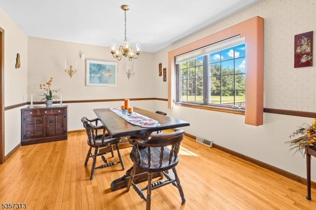 1602 Harbourton Rocktown Rd, Hopewell Twp, NJ 08530 - dining space with wallpapered walls, a chandelier, light wood-style flooring, and baseboards