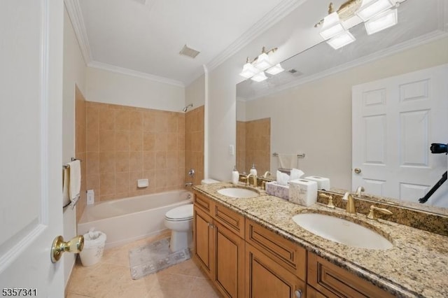 bathroom with toilet, bathtub / shower combination, double vanity, tile patterned flooring, and ornamental molding