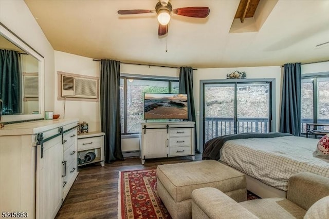 bedroom featuring a wall mounted AC, dark wood-style flooring, access to exterior, a baseboard heating unit, and ceiling fan