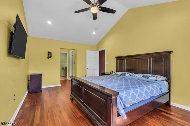 1901 Stech Dr, Bridgewater Twp, NJ 08807 - bedroom featuring dark wood-style flooring, baseboards, ceiling fan, recessed lighting, and high vaulted ceiling
