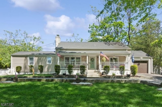 3 Country Club Rd, Livingston Twp, NJ 07039 - view of front of property with covered porch, a chimney, an attached garage, a front yard, and driveway