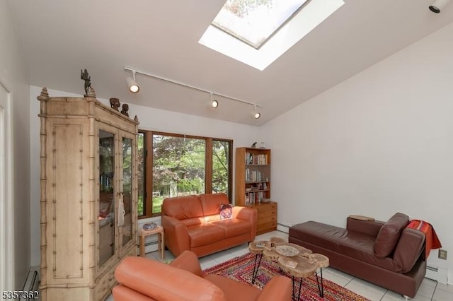 23 Horizon Dr, Roxbury Twp, NJ 07876 - living room with rail lighting, a skylight, a baseboard heating unit, baseboard heating, and lofted ceiling