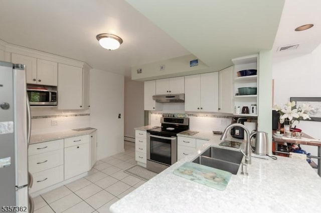 23 Horizon Dr, Roxbury Twp, NJ 07876 - kitchen featuring stainless steel appliances, a sink, backsplash, under cabinet range hood, and open shelves