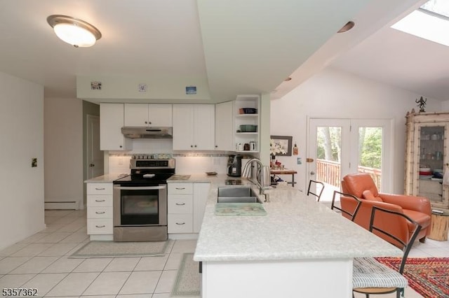 23 Horizon Dr, Roxbury Twp, NJ 07876 - kitchen with stainless steel electric stove, a sink, under cabinet range hood, open shelves, and light tile patterned floors