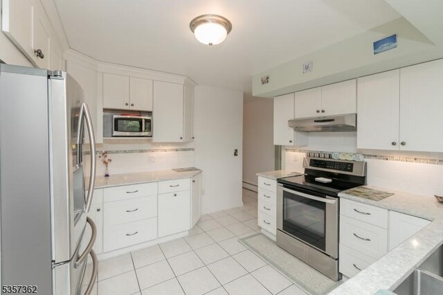 23 Horizon Dr, Roxbury Twp, NJ 07876 - kitchen featuring stainless steel appliances, under cabinet range hood, backsplash, white cabinetry, and light tile patterned flooring