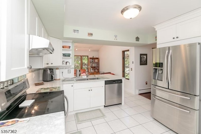 23 Horizon Dr, Roxbury Twp, NJ 07876 - kitchen with appliances with stainless steel finishes, a sink, under cabinet range hood, baseboard heating, and light countertops