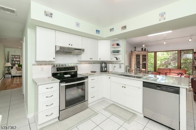 23 Horizon Dr, Roxbury Twp, NJ 07876 - kitchen featuring stainless steel appliances, under cabinet range hood, open shelves, a peninsula, and a sink