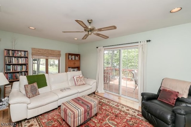 23 Horizon Dr, Roxbury Twp, NJ 07876 - living area featuring a ceiling fan, plenty of natural light, recessed lighting, and wood finished floors