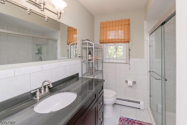 23 Horizon Dr, Roxbury Twp, NJ 07876 - bathroom with baseboard heating, tile walls, tile patterned flooring, and a shower stall
