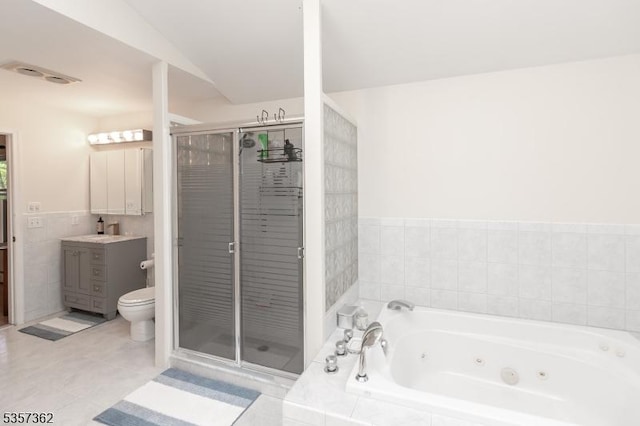 23 Horizon Dr, Roxbury Twp, NJ 07876 - bathroom with a stall shower, vanity, a tub with jets, tile patterned floors, and toilet
