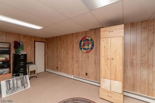 23 Horizon Dr, Roxbury Twp, NJ 07876 - recreation room with baseboard heating, wood walls, and carpet floors